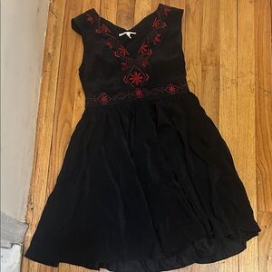 Maje 100% silk! Black Dress with Red Embroidered Accents - Women's V-Neck Dress